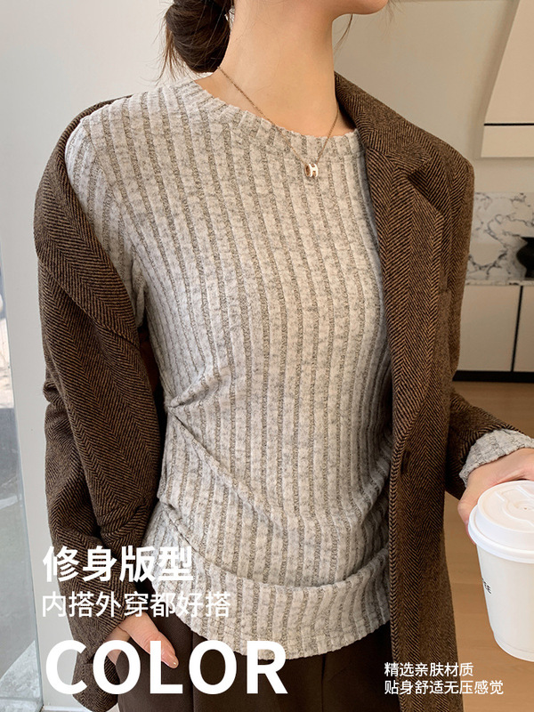 555圆领打皱打底衫女秋冬新款保暖毛衣修身竖条针织衫长袖上衣T恤|undefined