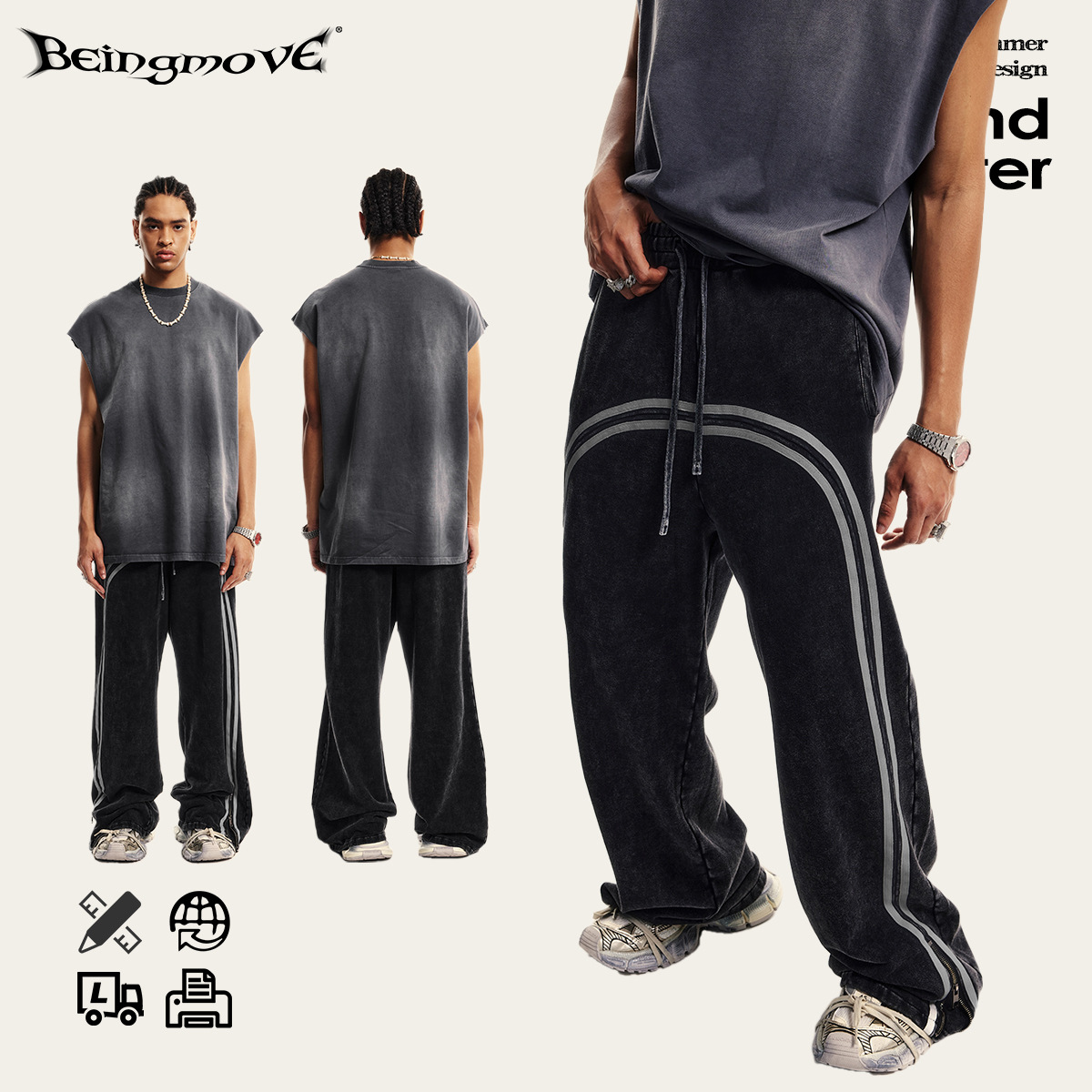 Otoño tendencia callejera de estilo deportivo americano pantalones lineales lavados con tiras de cremallera pantalones de calzado para hombres