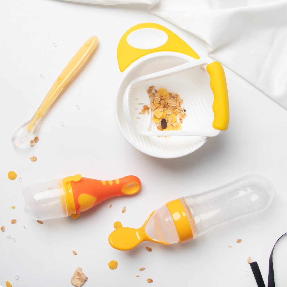 Baby rice grinding bowl spoon fruit and vegetable bite bag silicone rice paste spoon high color value soft feeding tableware 4-piece set