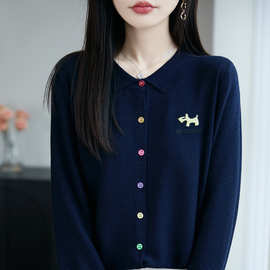 法式polo翻领精纺羊毛彩扣开衫女宽松软糯细腻春秋毛衣外套刺绣