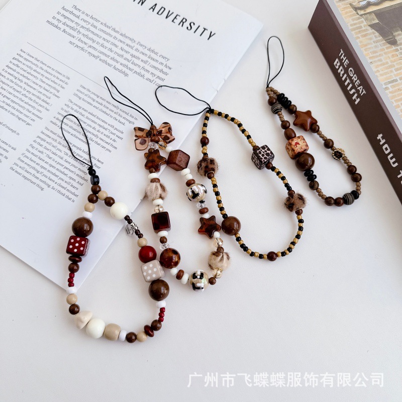 Ins Maillard Leopard Print Bow Star Mobile Phone Hanging Chain DIY Wrist Chain Ccd Camera Keychain Pendant