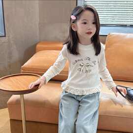 女童夏装新款韩版女宝宝洋气长袖2025儿童休闲蝴蝶结花边上衣T恤