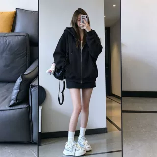 潮牌美式休闲早秋穿搭藏青色连帽慵懒风卫衣拉链外套纯色百搭开衫