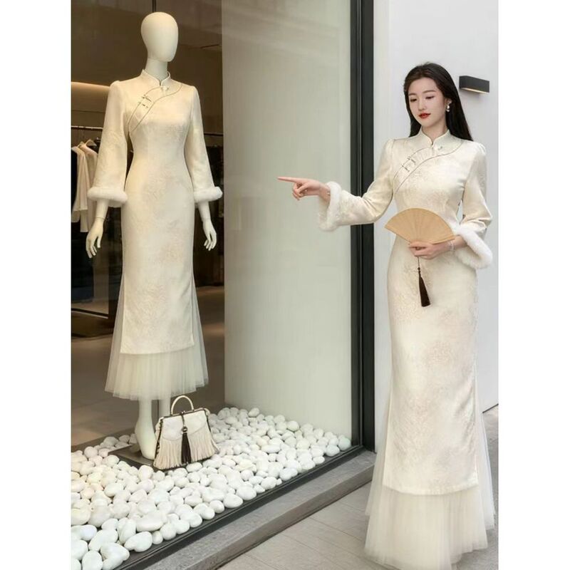 New Chinese Jacquard Improved Cheongsam Elegant Dress 2025 Winter Super Good-Looking Skirt for Important Occasions