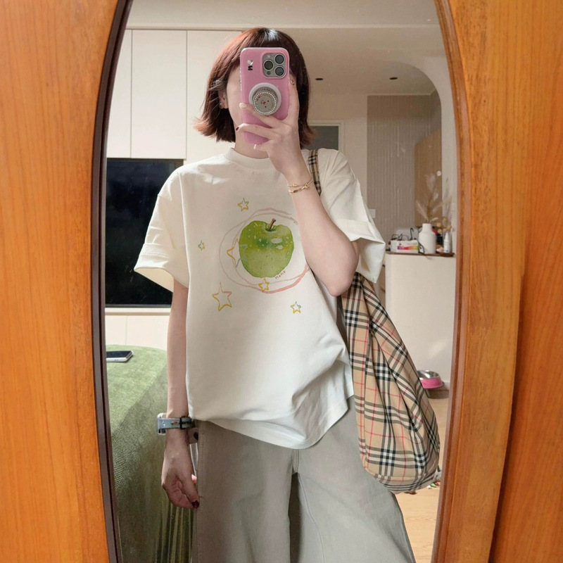 White Pure Cotton Apple Short-Sleeve T-Shirt for Women, Summer 2026 New Style, Student Loose Fit, Lazy Style Half-Sleeve Design Top