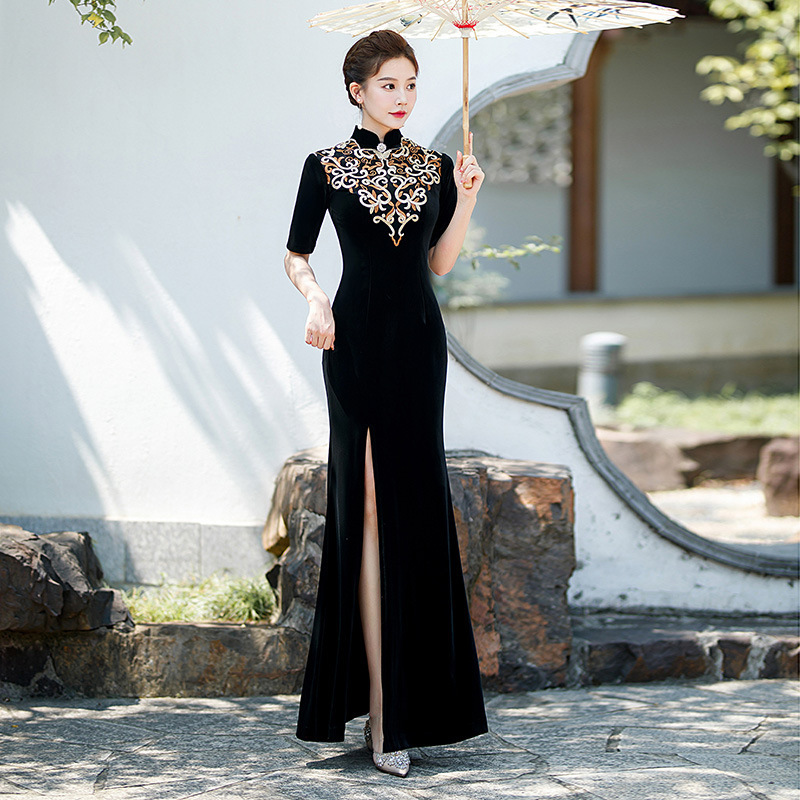 Black chinese dresses for women retro qipao black embroidery stage performance costumes elastic etiquette form suit high-end modified atmosphere