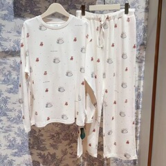 ソフトクリーム秋冬アニメ熊ケーキプリント丸首長袖ズボン女性家庭服パジャマ