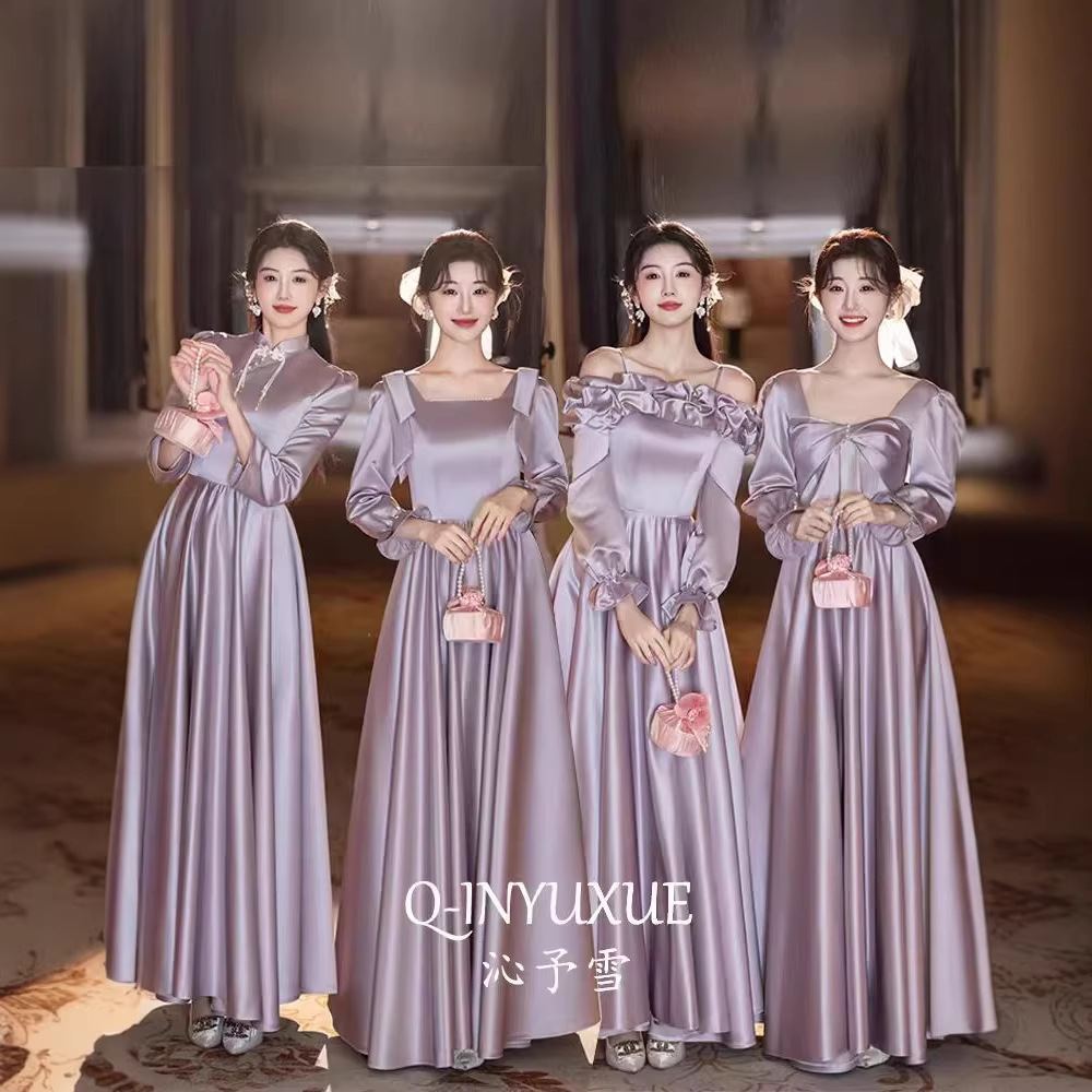 Purple Bridesmaid Dress 2026 New Satin Winter Style High-End Long-Sleeve Sister Group Gown That Can Be Worn Casually and Is Unique