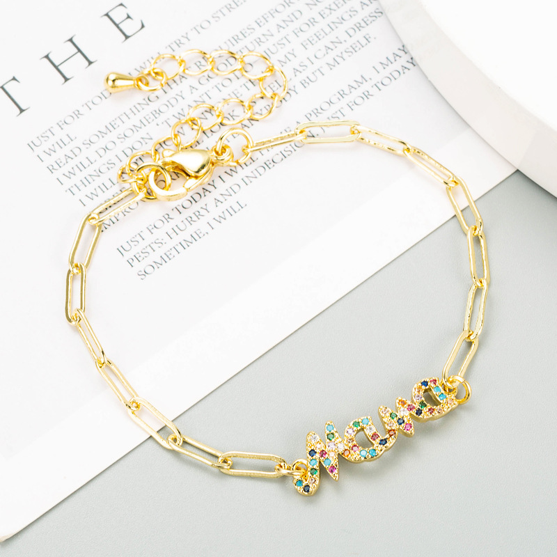 Copper Micro-inlaid Colored Zircon English Letter Mama Bracelet Wholesale Nihaojewelry display picture 4