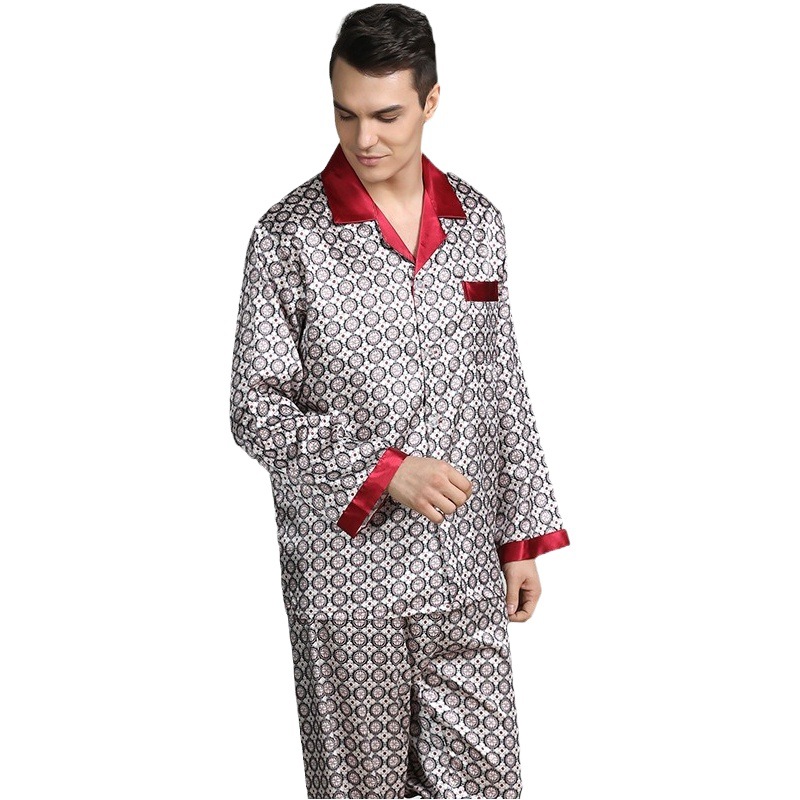 Cross-Border hombres impreso pijamas de seda primavera/verano manga larga más tamaño ropa para el hogar traje de seda de hielo pantalones de pijama de verano hombres