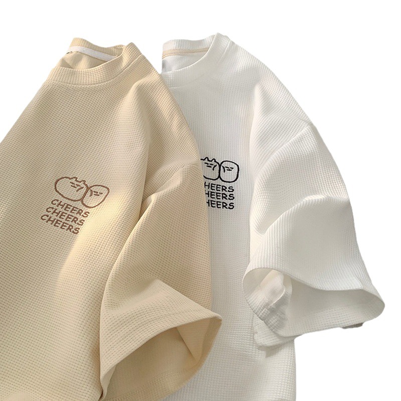 Camiseta de manga corta para hombre, tejido waffle, estilo americano