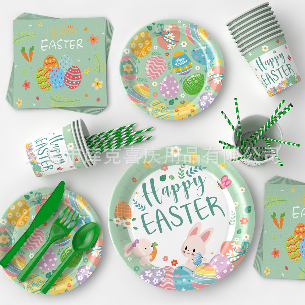 Nuevo Conejo de Pascua tema suministros de decoración plato de papel desechable taza de papel tire bandera decoración del partido traje