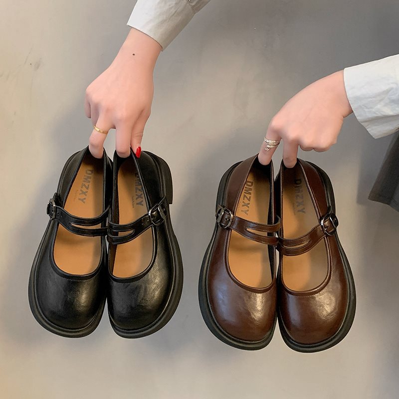 Small Leather Shoes Vintage Loafers Women's Spring Thick Heel with Round Toe All-match Single-layer Shoes Brown 2025 Japanese Style New Skirt