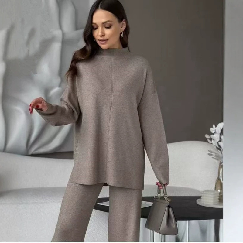 European and American cross-border autumn and winter set 2026 new style women's loose casual solid color fashion knit sweater and pants top