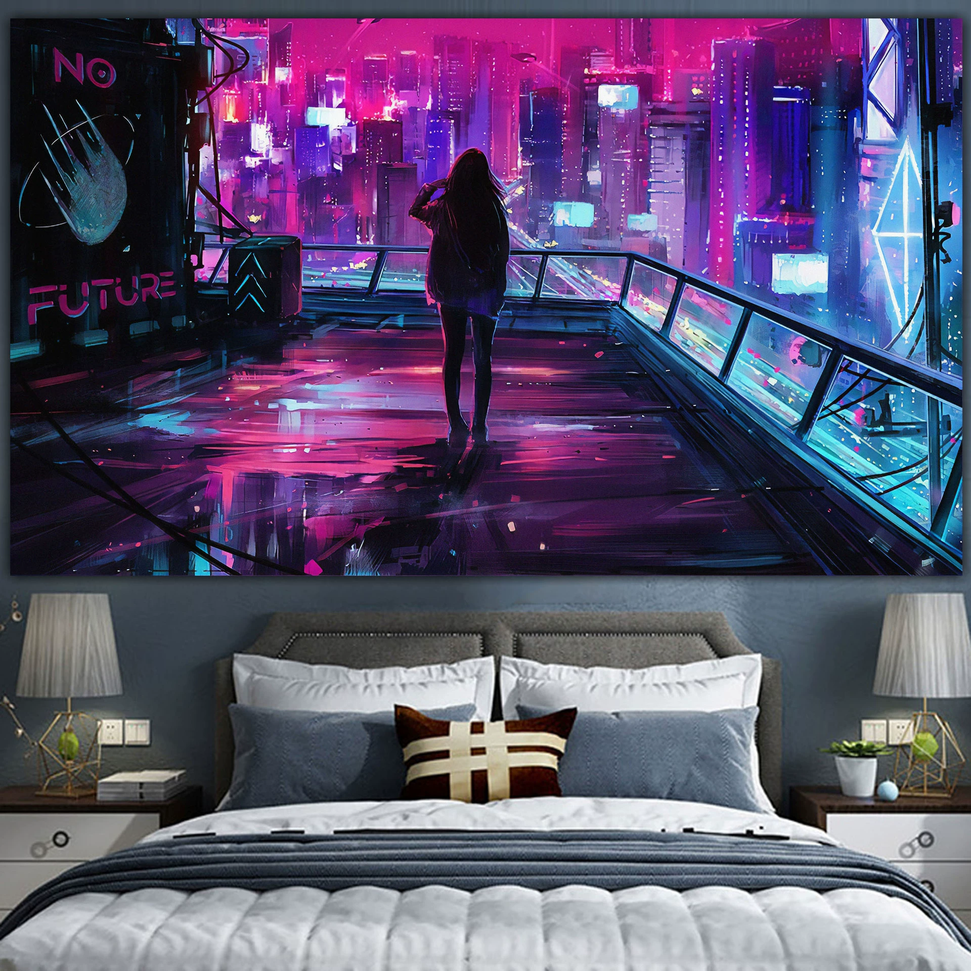 Постер cyberpunk неоновый город, размеры 38×65 см, 85×155 см, 110×200 см
