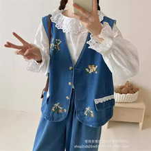 森系复古文艺刺绣牛仔马甲背心叠穿