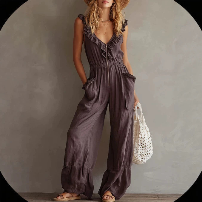 2026 Amazon Summer New Solid Color European and American Retro Fashion Sleeveless Ruffled Cotton-Linen Casual Jumpsuit
