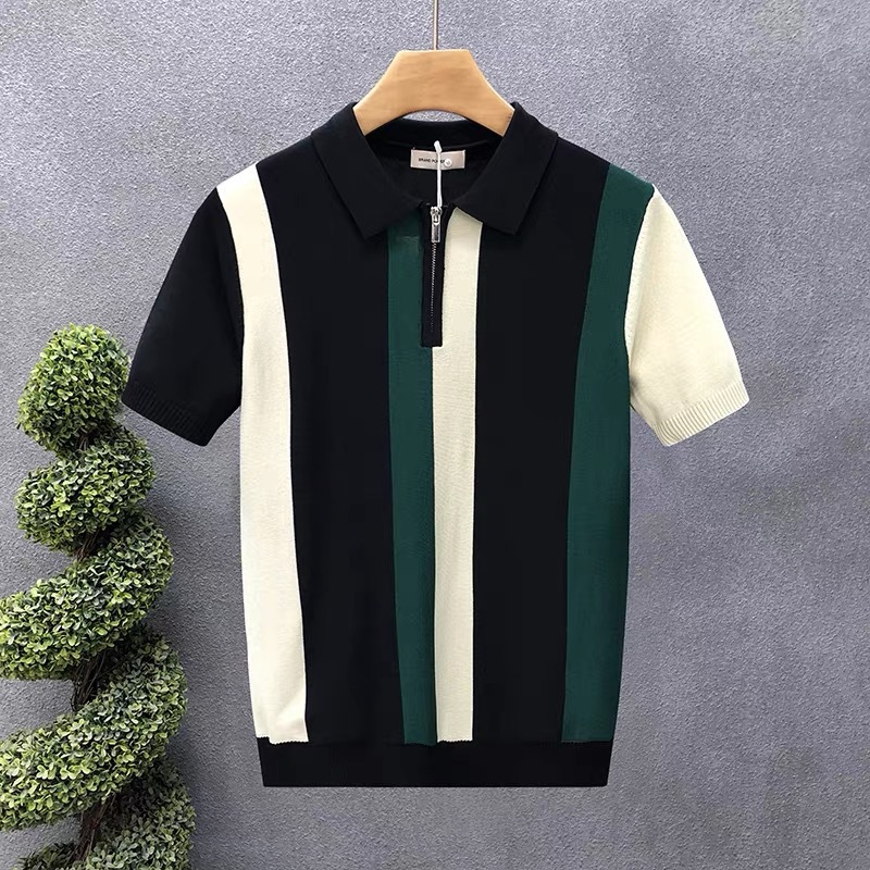 Polo camiseta camiseta de punto camiseta de manga corta camiseta de hombre a rayas solapa medio cremallera vieja fábrica de hielo de verano transfronteriza mayorista