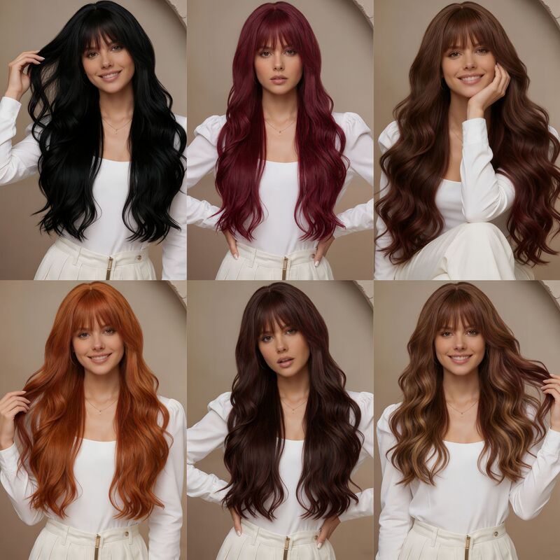 Customized Cross-Border European and American Style New Wig with Air Bangs, Coral Red, Large Waves, Long Curly Hair, Full Head Wig for Women Customized Cross-Border European and American Style New Wig with Air Bangs, Coral Red, Large Waves, Long Curly Hair, Full Head Wig for Women