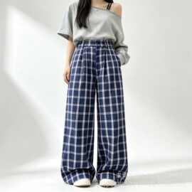 藏青格子裤女夏季薄款小个子宽松慵懒风高腰阔腿裤垂感直跨境专供