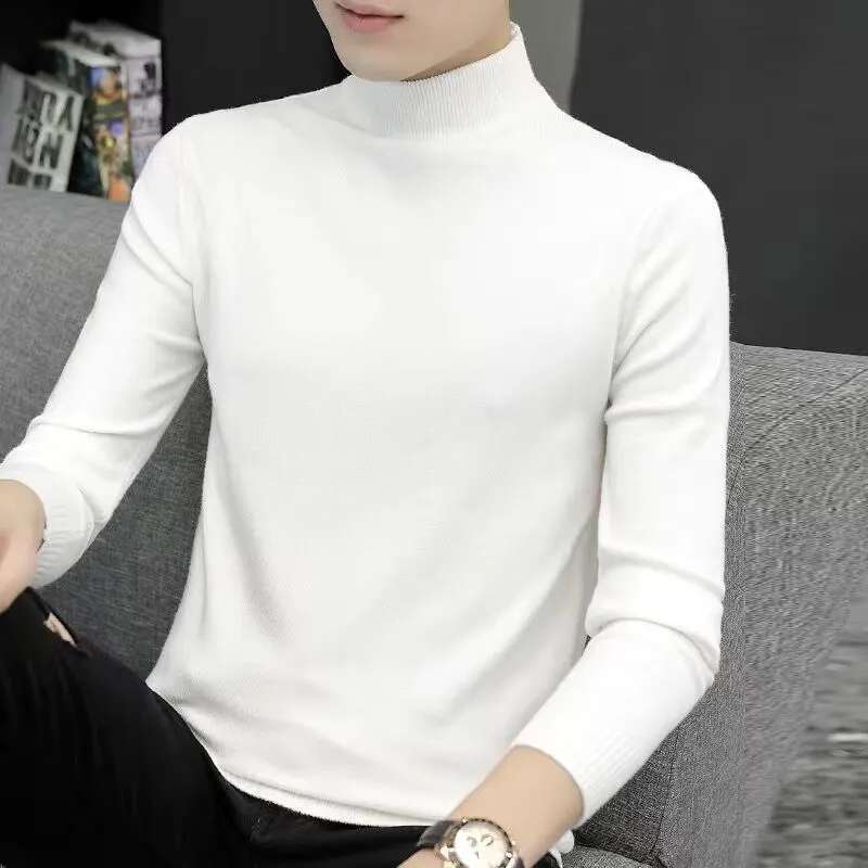 Men's Sweater Half Turtleneck Spring and Autum Slim Fit Versatile Knitted Bottoming Shirt Pure Black Mid-Collar Trendyy Sweater