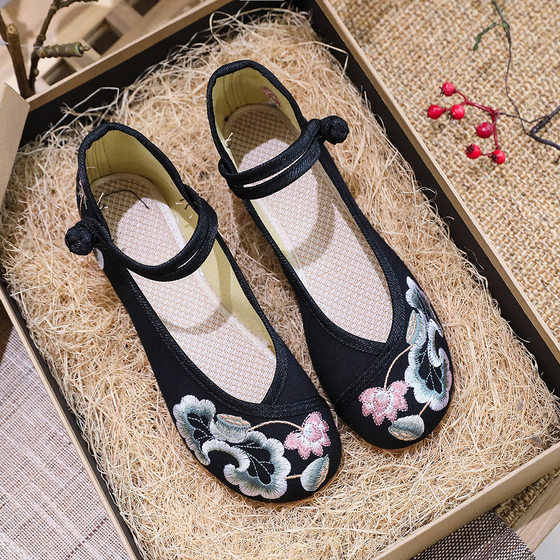 New Women's Embroidered Shoes Single Shoes Flower Cloth Shoes Women's Cheongsam Shoes Buckle White Red Black Shoes Collocation