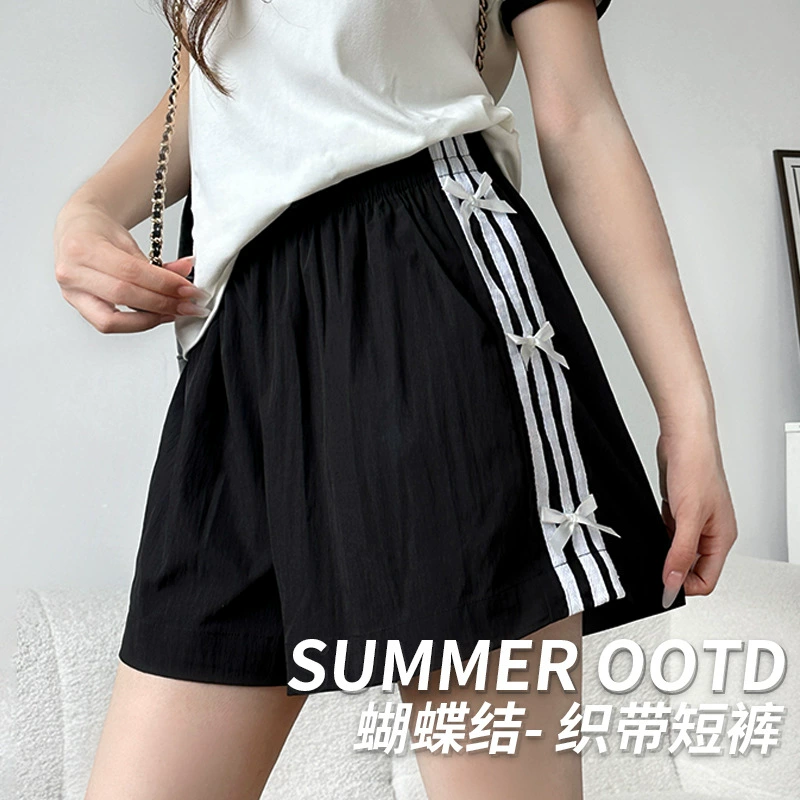 Спортивные шорты с бантом, женские летние тонкие шорты 2025 года, новые широкие повседневные быстросохнущие полосатые брюки с пятью точками Yamamoto