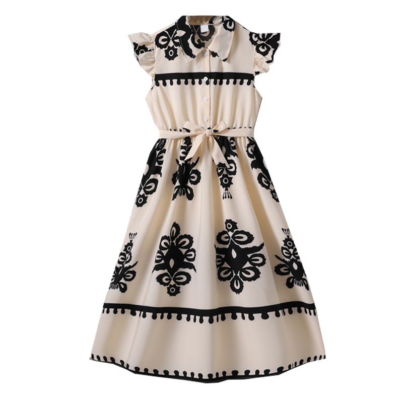 Vestidos de niñas vestidos de comercio exterior ropa infantil en verano, Europa y los Estados Unidos nuevos estampados de moda transfronterizos mangas voladoras para cerrar la cintura falda de camisa elegante