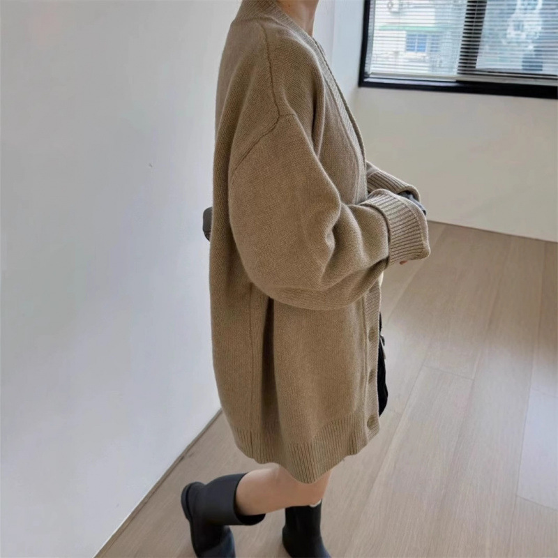 Korean-style Loose Casual Style Thickened Mid-length Cashmere Cardigan Women's plus size Women's V-neck 100 Wool Knitted Jacket
