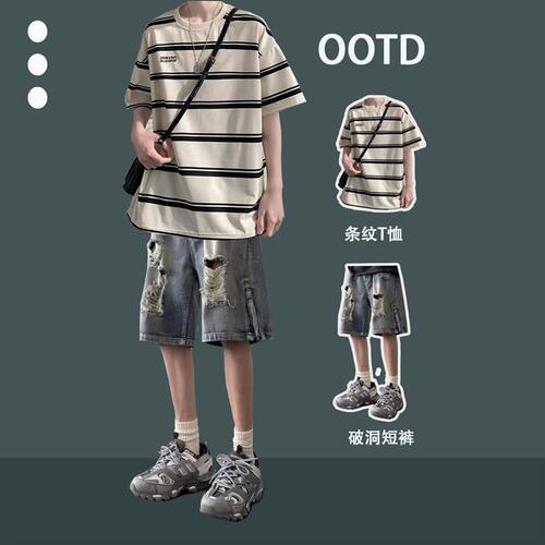 Summer Heavyweight Pure Cotton T-Shirt and Shorts Set for Teens and Young Adults, with a Cool and Mysterious American Dark Style Outfit