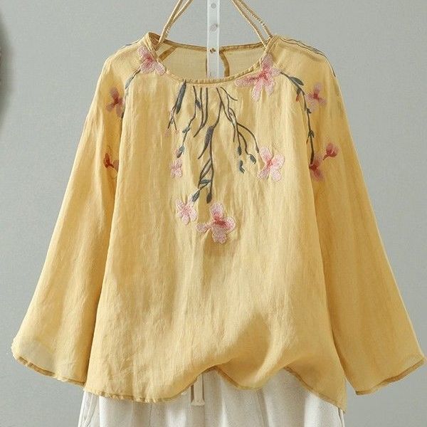 Cotton and Linen Embroidered Sun Protection Long-Sleeved Shirt for Women Summer New Fashion Light and Thin Loose Casual Large Size Cotton and Linen Top