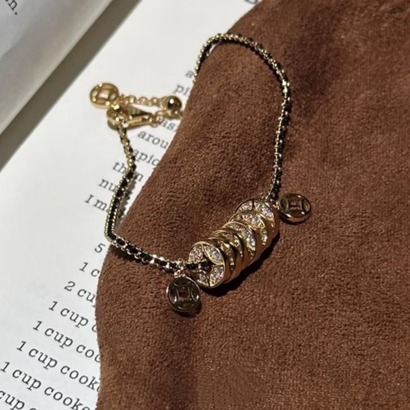 New Copper-Plated Real Gold Black Gold Bracelet Qian Duoduo Gold Coin Bracelet Black Rope Braided Fashion Ins Versatile Hand Jewelry