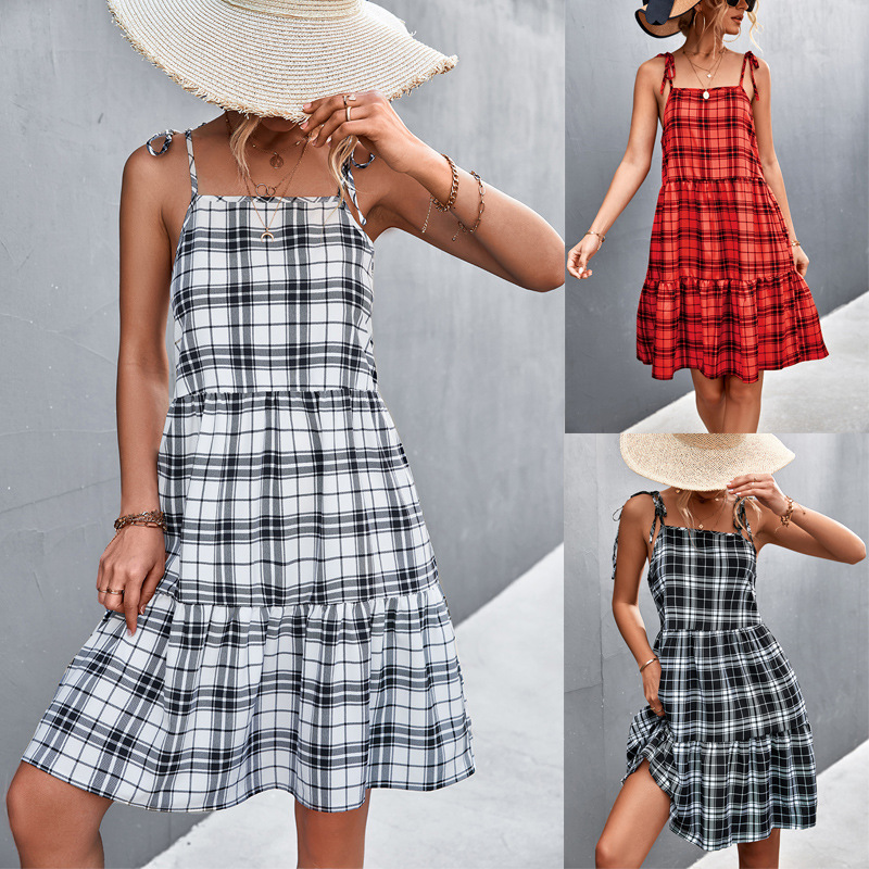 2026 Spring/Summer New Products Independent Website Ebay Amazon Hot-Selling Classic Plaid Patchwork Strap Dress for Women