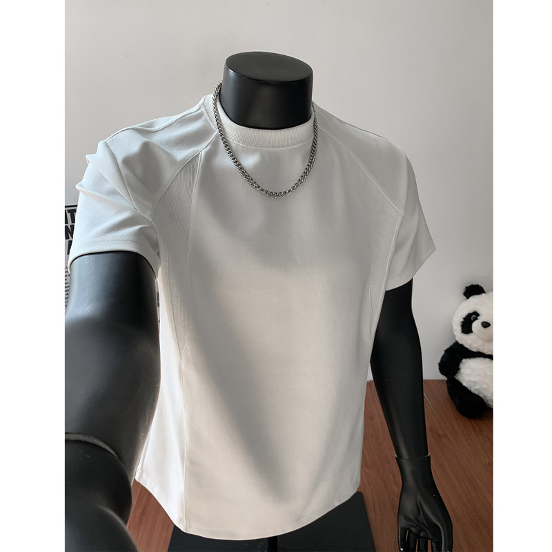 Original New Summer Style Men's Heavyweight American-Style Short-Sleeve T-Shirt with Small Collar and Ribbed Stitching, Large Size for Teenagers