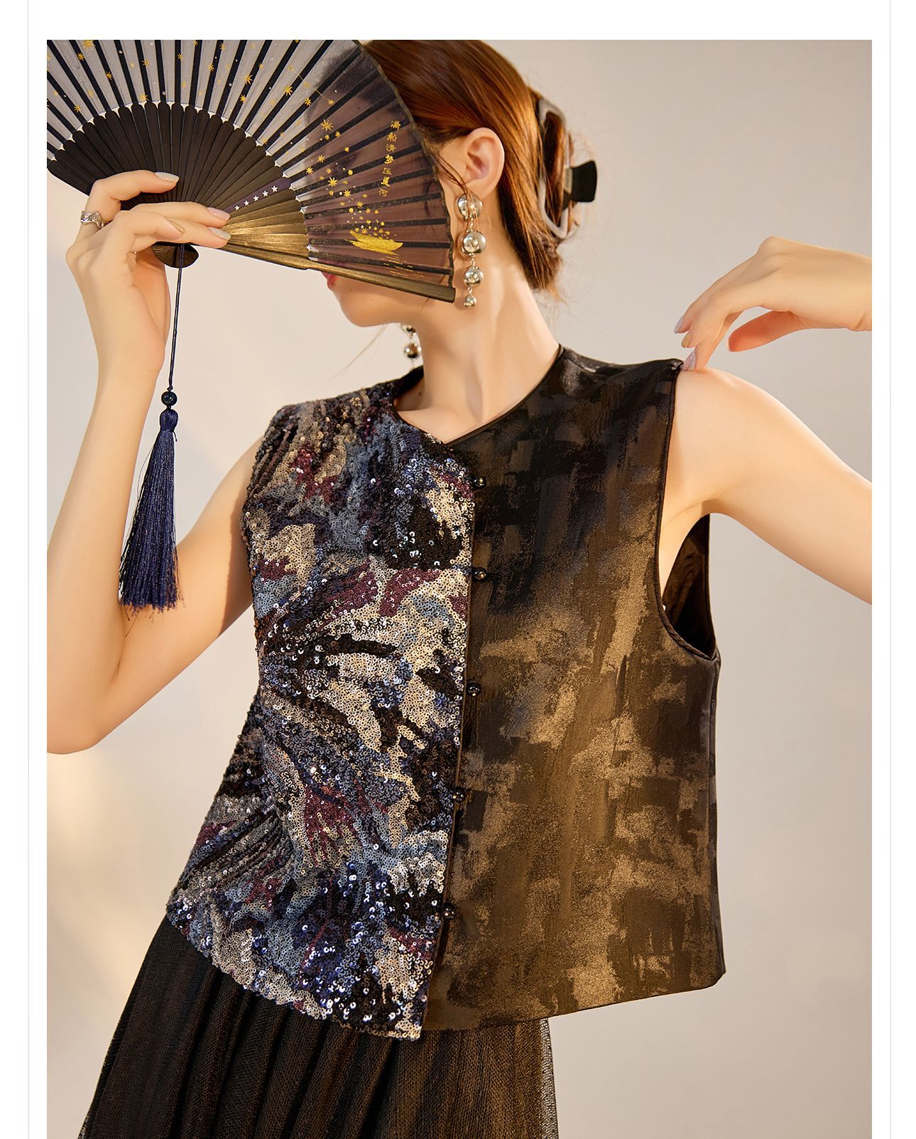 Áo vest nữ phong cách Trung Hoa mới 2026, thiết kế thêu sequin, chất rayon sang trọng — Đen, Màu huyền ảo, Xanh lam chi tiết 34