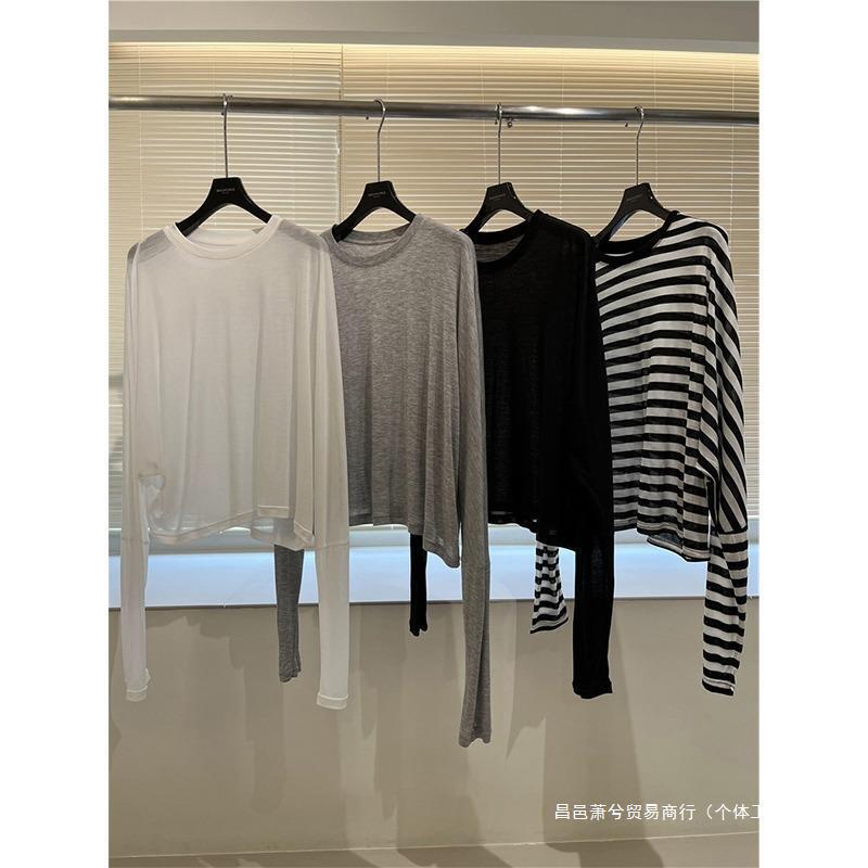 氷糸マスクtシャツ女性夏軽薄通気天糸上着ゆるい怠惰な丸首長袖日焼け止めブラウス|undefined