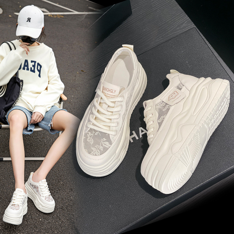 Women's White Platform Skateboarding Shoes Breathable Mesh Dad Trainers_voghion.com