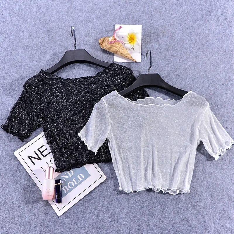 2025 New Navel-Baring Half-Cut Short Bottoming Shirt Women's Short-Sleeved Mesh Clothes Bright Silk Inner Top Mesh T-Shirt 2025 New Navel-Baring Half-Cut Short Bottoming Shirt Women's Short-Sleeved Mesh Clothes Bright Silk Inner Top Mesh T-Shirt