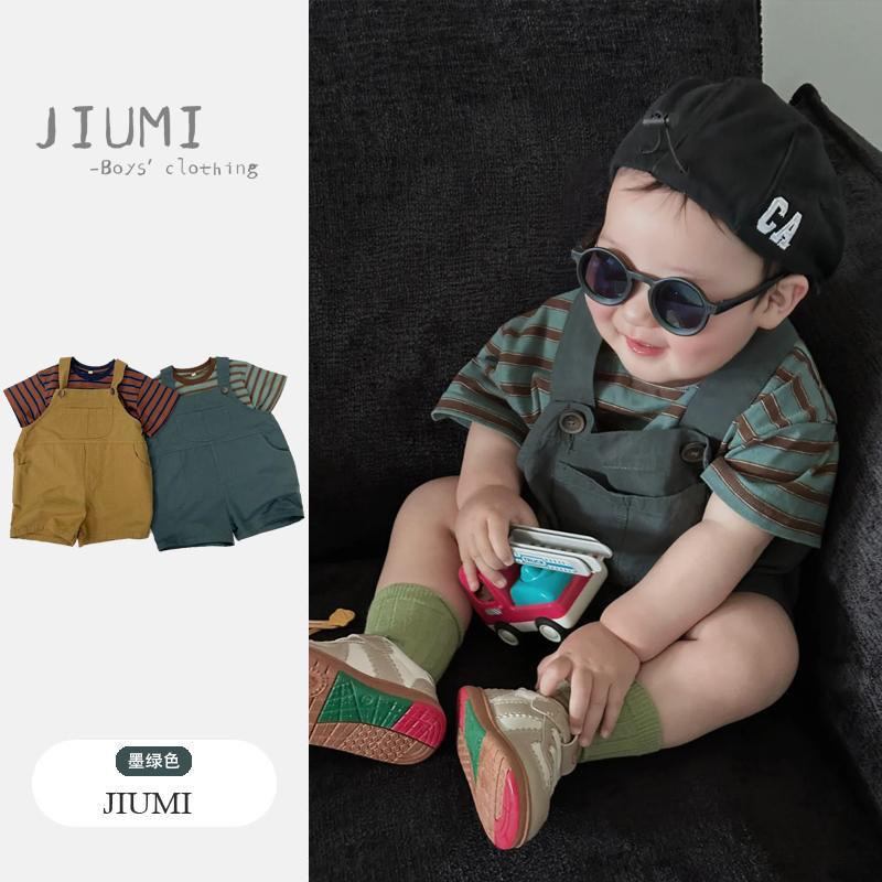 Boys' Summer Casual Overalls Shorts Korean Style Suspenders for Toddlers 2 Years Old Children's Striped Short-Sleeve T-Shirt Set