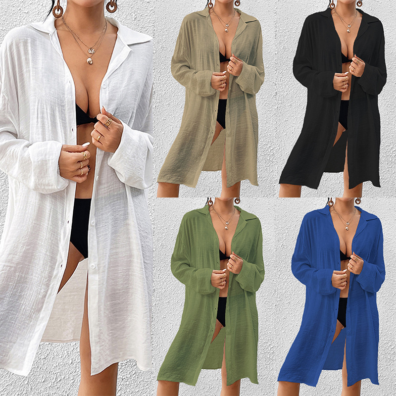 Tencel Slub Cotton Long Sleeve Shirt Beach Blouse Holiday Sun Protection Bikini Sunscreen Swimwear Outer Cardigan