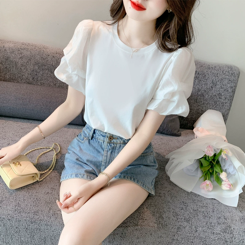 Белые дизайнерские топы с короткими рукавами, футболки для женщин, лето 2025, новый стиль, пышные рукава, молодежные модные красивые рубашки
