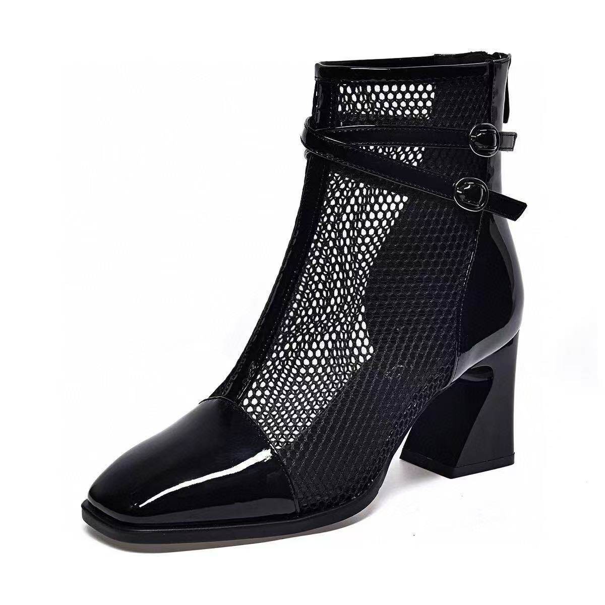 Sandal nữ da thật mũi vuông lưới thoáng khí gót thô đế mềm — Da sơn đen