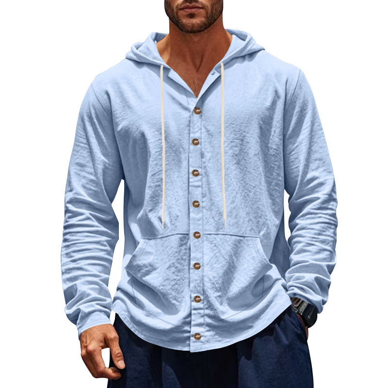 Monochrome Man – Lässiges, amerikanisches Leinenhemd für Herren im Frühlings- und Herbststil mit Kapuze und langen Ärmeln – ideal für Strand und Freizeit._voghion.com