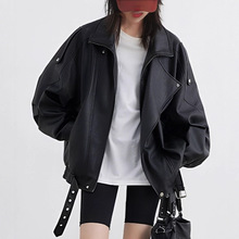 英伦风重工复古中性双层领机车皮衣外套时尚气质夹克女装十三行