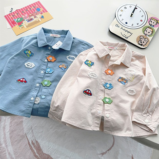 Foreign trade Japanese children's clothing 25 spring new boys and girls lapel embroidery loose bear flying cartoon shirt 7056