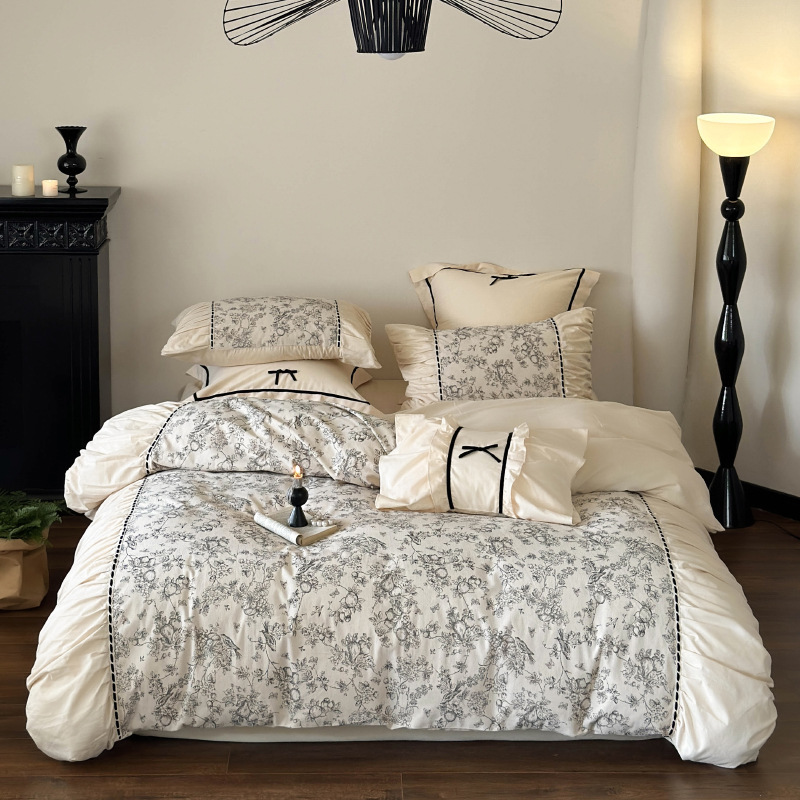 Nordic French Vintage Boho French Retro Style Autumn And Winter 50S High-thread Count Brushed Four-piece Set, Pure Cotton Thickened Warm Duvet_voghion.com