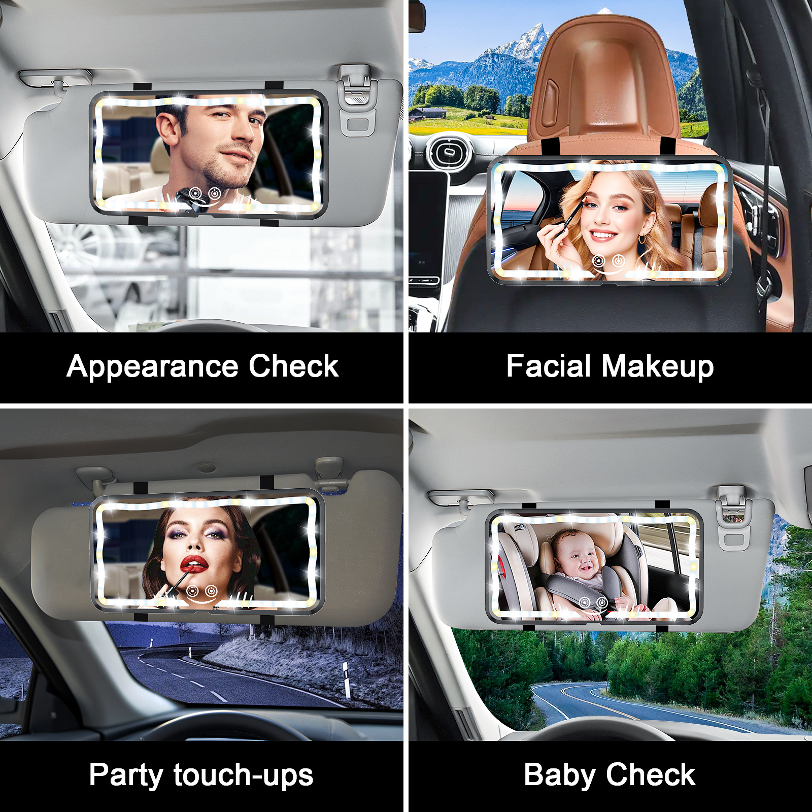 Cross-Border Car Sun Visor Makeup Mirror Led Car Makeup Mirror, New Appearance Design with Three Color Temperatures and Adjustable Lighting