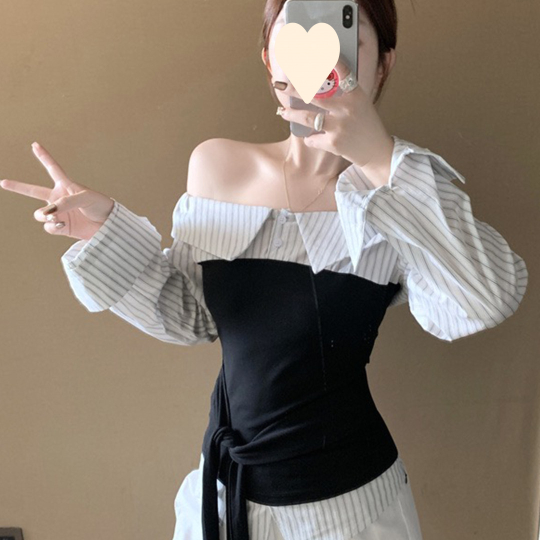 韩系别致休闲假两件衬衫女秋装一字领露肩长袖衬衣条纹拼接上衣潮