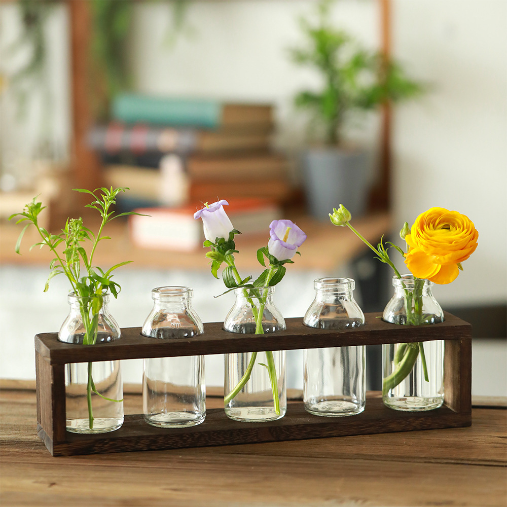 创意木架水培玻璃花瓶客厅办公室桌面绿萝植物透明花器小容器摆件