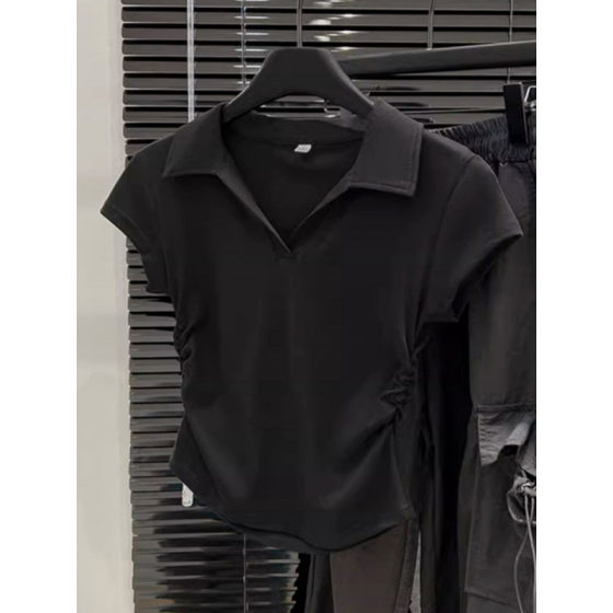 Solid Color Sweet Spice Girl Short Polo Collar Shoulder T-Shirt Summer New Pleated Waist Short Sleeve Chic Top